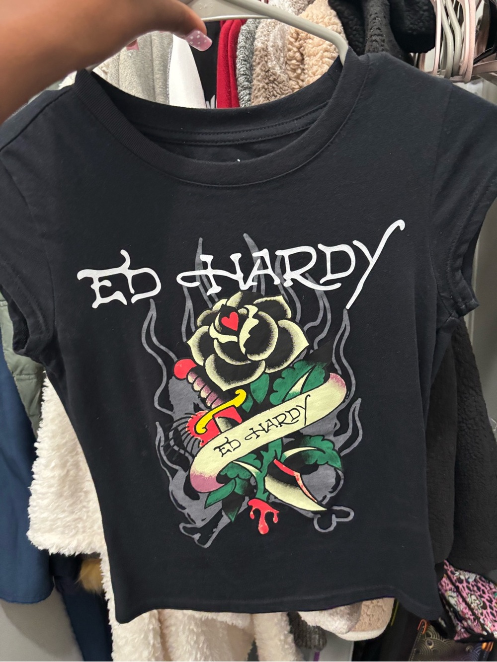 Ed Hardy Black Tee with Rose, Dagger & Banner Graphic